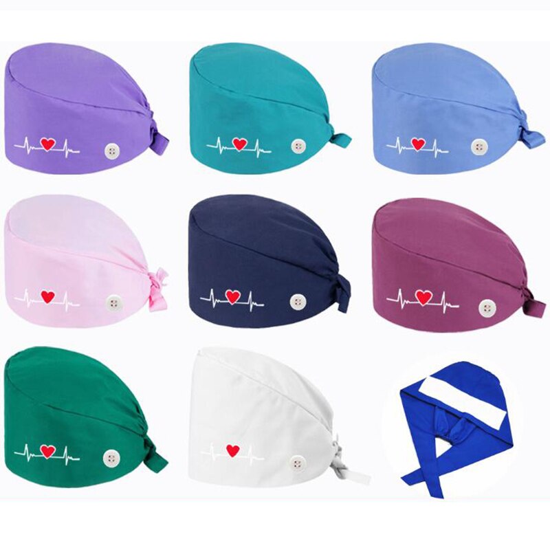Uni스크럽 모자 단추 여자와 남자 심장 인쇄 재사용 가능한 캐주얼 모자 붕대 조정 가능한 모자 빨 수있는 작업 모자